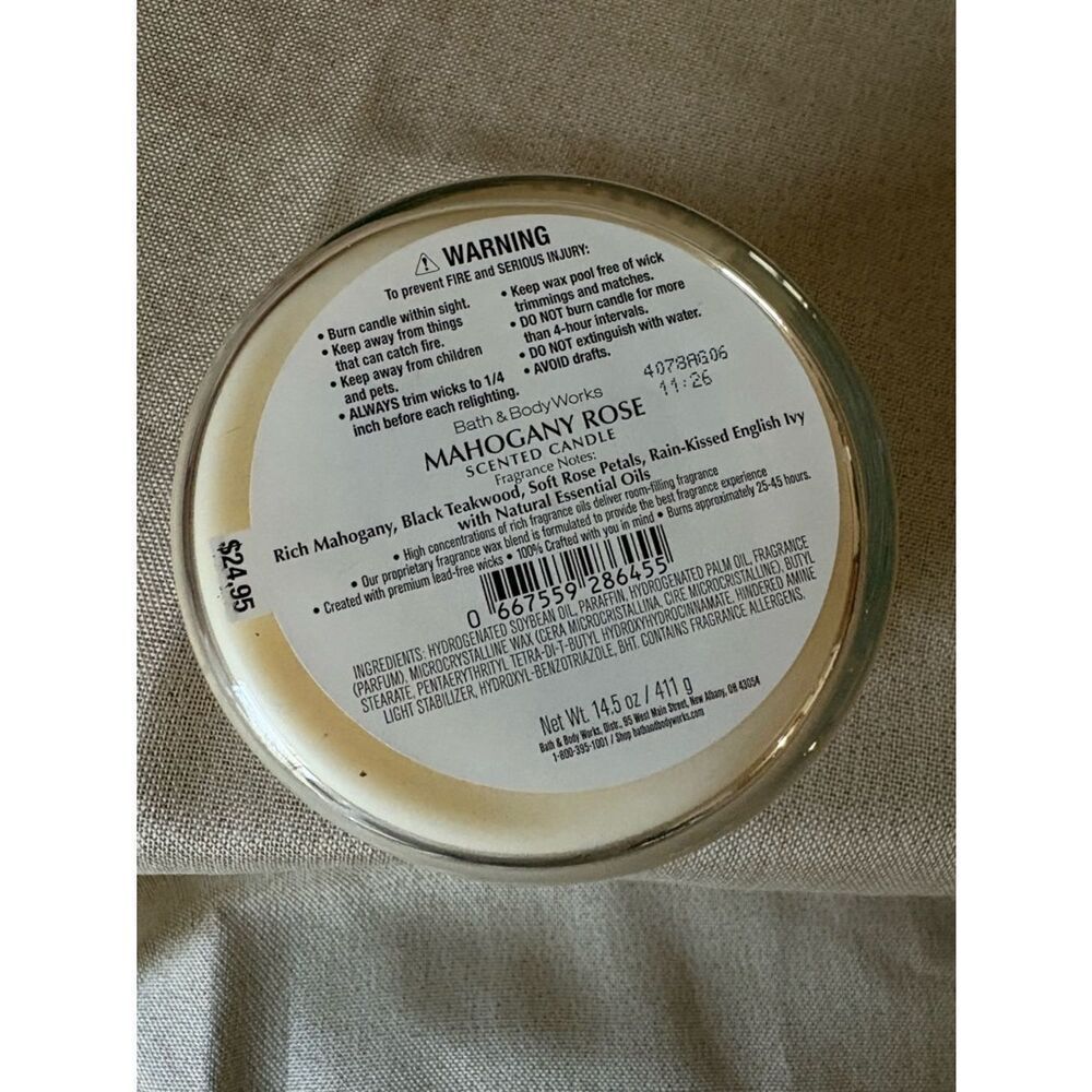Bath & Body Works Mahogany Rose 3 Wick Candle New in Box - Picture 5 of 8